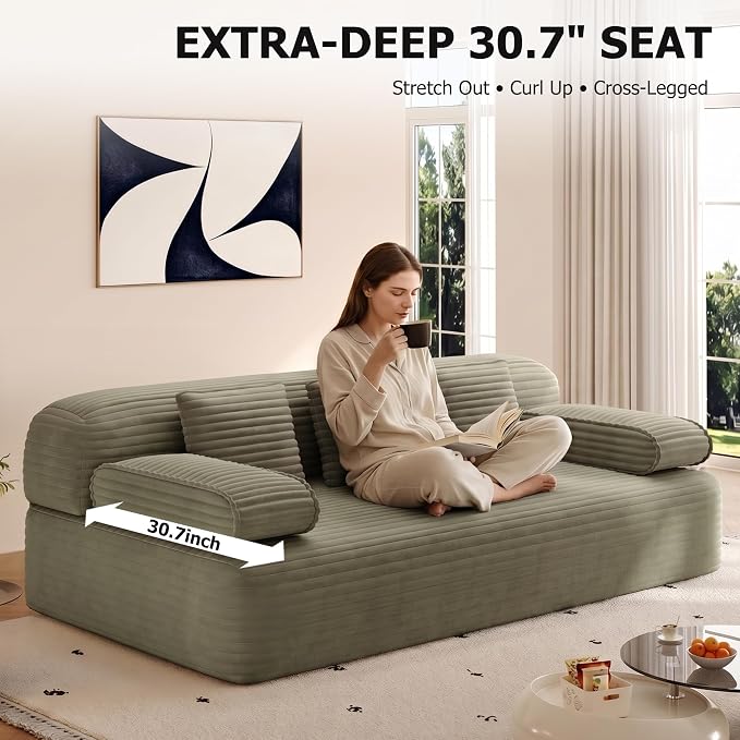 78.7" Queen Sofa Bed, Corduroy Boneless Couch in a Box, No Assembly | 30.7" extra-deep seat converts to a 78.7" x 60" queen sleeper with 3 pillows, no assembly, ideal for small spaces, Green