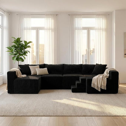 Claiks 128" Modular U Shaped Couch, Sectional Deep Seat Sofa with Pet Stair, Black