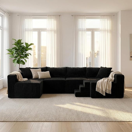 Claiks 128" Modular U Shaped Couch, Sectional Deep Seat Sofa with Pet Stair, Black