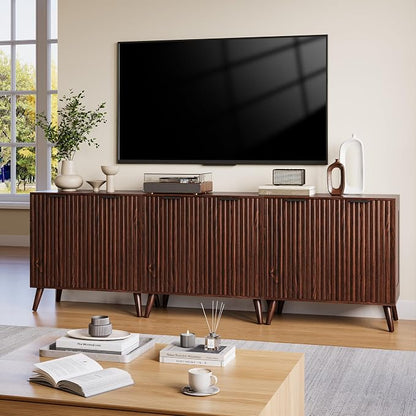 Set of 2 Fluted Sideboard Buffet Cabinet, 63" Mid Century Modern Storage Cabinet with Adjustable Shelves & 4 Doors, Accent Cabinet for Dining Room & Living Room, Walnut