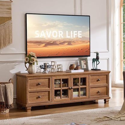 SAVOR LIFE TV Stand and Coffee Table Set, 4 Piece Living Room Table Set with Drawer & Open Shelving & Thick Tabletop & Square Wooden Legs, Brown