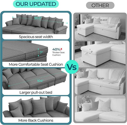 LINSY HOME Oversized Sectional Sleeper Sofa with Pull Out Couch Bed (Gray, 118.5'') | USB Charging