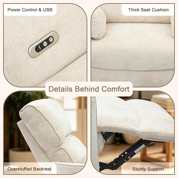 450lbs Oversized Power Recliner Chair, 53" Extra Wide Electric Recliner for Big and Tall Adults, Single Sofa with USB & Type-C Ports, Pillows, Chair for Living Room, Bedroom, Office (White)