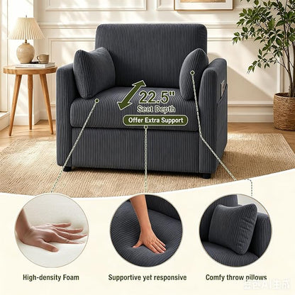 38" Modern Accent Chair, Corduroy Chair with Soft Pillows and Side Pockets, Comfy Single Reading Chairs for Living Room, Bedroom Grey