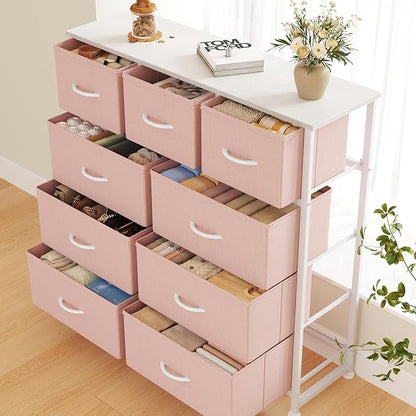 DUMOS 9 Drawer Dresser for Bedroom, Storage Organizer Chest of Drawers | Fabric Bins Storage Tower with Sturdy Metal Frame, Wood Tabletop for Closet, Pink