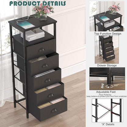 sthmec Nightstand with Charging Station,LED Black Nightstands with 5 Fabric Drawers PU Finish, Bedside End Tables, 2-Tier Open Storage Shelf Side Table Nightstand with Drawers for Bedroom, Black