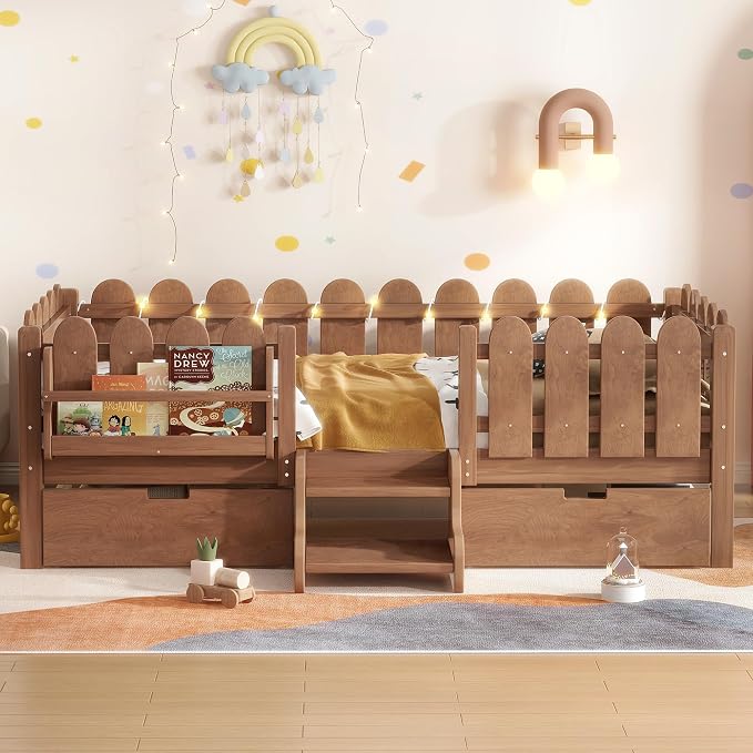 Bellemave Twin Montessori Bed with Stairs, Lights, Rails and Slats, Twin Size Montessori Floor Bed with Bookshelf and 2 Storage Drawers, Easy Assemble Beds Frame for Girls, Boys, Natural