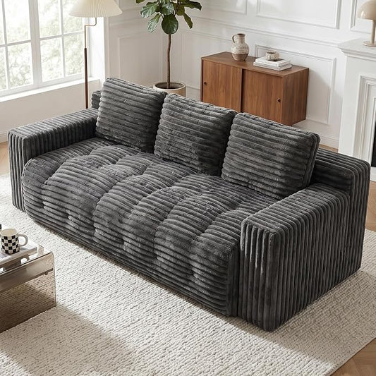 70” Boneless Couch, 3 Seater Sofa Couch with Extra Deep Seats 3 Pillows,Corduroy Modern Small Couch for Living Room, Office, Bedroom, Apartment,Grey