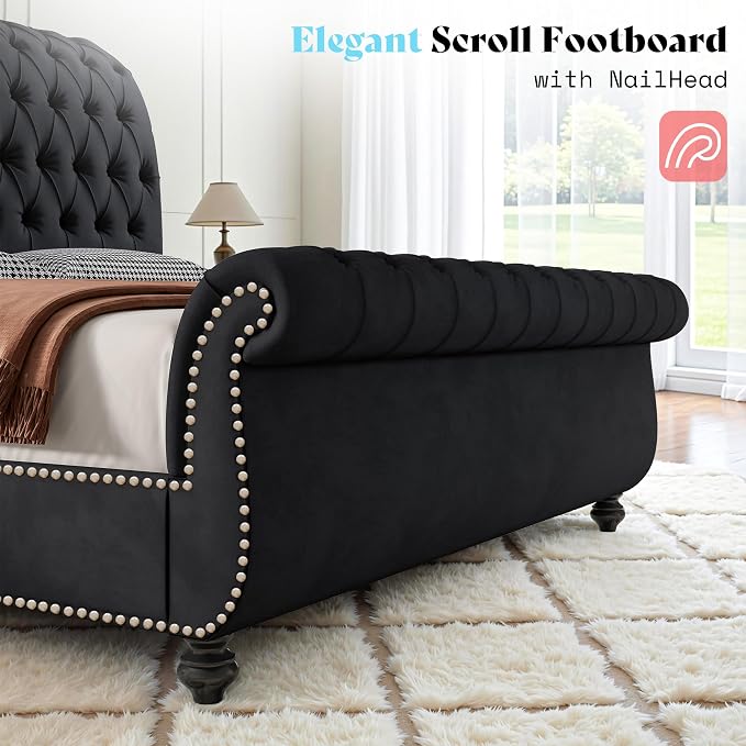 AMERLIFE 55" Tall Sleigh Bed Frame with Scroll Headboard & Footboard, Velvet Upholstered Platform Bed with Deep Button Tufted, Solid Wood Legs, No Box Spring Needed, Black, California King