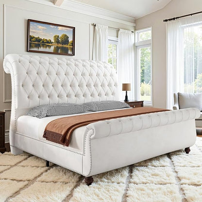 AMERLIFE 55" Tall Sleigh Bed Frame with Scroll Headboard & Footboard, Velvet Upholstered Platform Bed with Deep Button Tufted, Solid Wood Legs, No Box Spring Needed, White, Queen