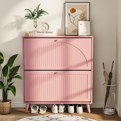 Fsbecl Shoe Storage Cabinet for Entryway with 2 Flip Drawers, Narrow Wood Shoe Cabinet with Fluted Panel, Freestanding Hidden Shoe Organizer for Foyer, Hallway (Pink - with Shelf)