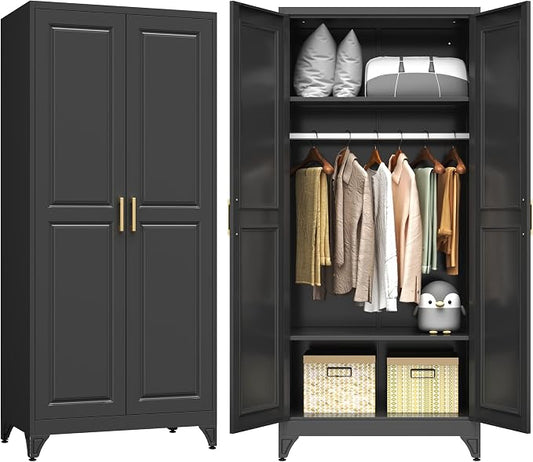 Metal Armoire Wardrobe Closet with 2 Doors, 71" Tall Wardrobe Closet with Doors, Hanging Rod, Drawers and Adjustable Shelves, Black Clothing Storage Cabinets for Bedroom, Home Office