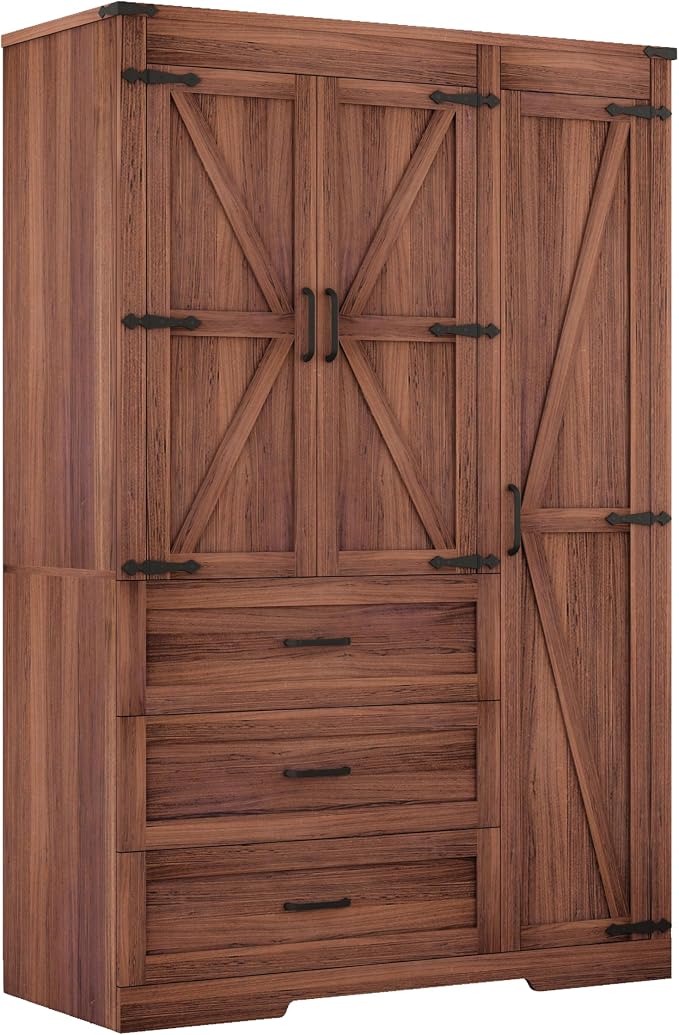 3 Door Armoire Wardrobe Closet Cabinet with 3 Drawers and Drawers, Farmhouse Bedroom Armoire with Hanging Rod and Adjustable Shelves, Large Capacity Storage Wardrobe Armoire for Bedroom, Brown