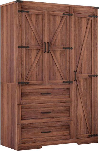 3 Door Armoire Wardrobe Closet Cabinet with 3 Drawers and Drawers, Farmhouse Bedroom Armoire with Hanging Rod and Adjustable Shelves, Large Capacity Storage Wardrobe Armoire for Bedroom, Brown