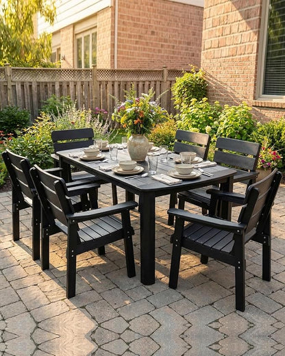 7-Piece Outdoor Dining Set, All-Weather HIPS Patio Table & Chairs for 6, Outdoor Furniture with Umbrella Hole, Ideal for Garden, Poolside, Backyard, Deck, Black