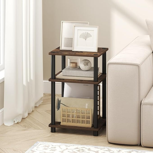 Furinno Turn-N-Tube Side Table, 3-Tier End Table with Open Shelf, Toolless Assembly Night Stand, Bedside Table, for Living Room, Bedroom, Amber Oak