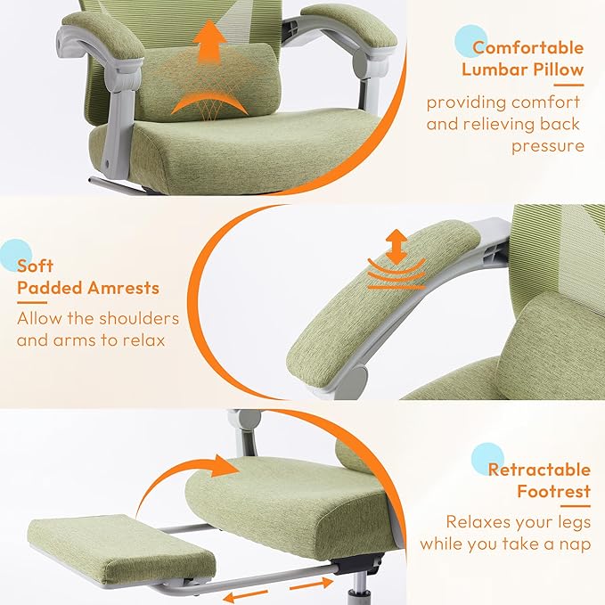 Home Office Desk Chair, Comfortable Mesh Computer Chair with Foot Rest, Reclining Gaming Chair with Headrest and Lumbar Support, 90°-130° Reclining, Green