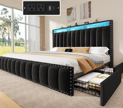 YITAHOME King Size Bed Frame with 4 Storage Drawers and RGB LED Lights, Velvet Upholstered Platform Bed with Charging Station and Bookcase Storage, No Box Spring Needed, Easy Assembly, Charcoal Black