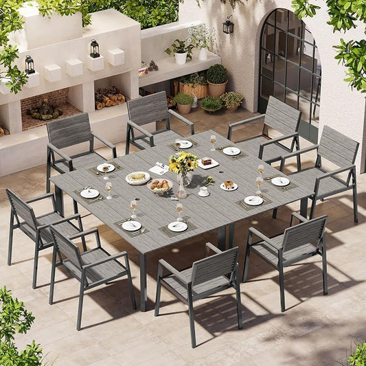 Outdoor Dining Set for 8, Patio Table and Chairs Set with Umbrella Hole, 10 Pieces HDPS + Aluminum Outdoor Furniture Sets for Patio, Garden (Gray)