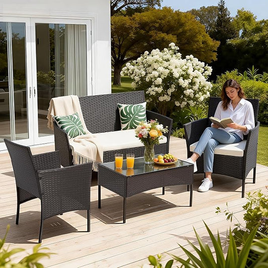 FDW | 4-Piece Patio Furniture Set | Brown | Outdoor Wicker Furniture with Coffee Table | Modern Rattan Chairs Conversation Set | Outdoor Seating | Weather-Resistant | for Porch, Garden, Lawn