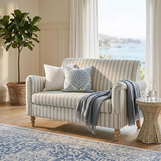 HULALA HOME 50.5" Loveseat Sofa with Stripe Pattern, 2 Seater Farmhouse Sofa with Rolled Wide Armrests and Rubber Wood Legs, Comfy Upholstered Small Couch for Living Room Bedroom, Grey