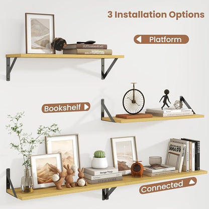 Axeman 24'' x 8'' Floating Shelves Set of 2, Rustic Oak Wall Shelves with Brackets, Engineered Wood, Includes Mounting Hardware, 35Lbs, Ideal for Books, Plants, Kitchen Utensils and Decorations