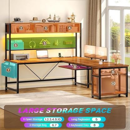 SEDETA L Shaped Computer Desk, Reversible Corner Desk with Power Outlet and Pegboard, Computer Desk with Led Lights, Keyboard Tray, Headphone Hook and Storage Shelves, Rustic Brown