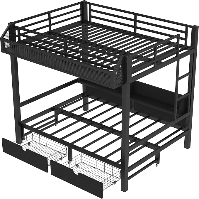 Bellemave Bunk Bed Full Over Full，Metal Bunk beds with Storage Shelves and Drawers USB Ports and LED Lights, Lower Bed That can be Converted into a Sofa, Black