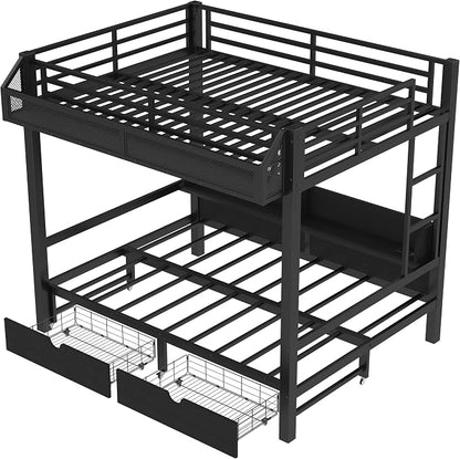 Bellemave Bunk Bed Full Over Full，Metal Bunk beds with Storage Shelves and Drawers USB Ports and LED Lights, Lower Bed That can be Converted into a Sofa, Black