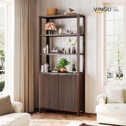 VINGLI Bookcase with Fluted Doors, 71" Wood Storage Cabinet with Adjustable Shelves, 6-Tier Display Cabinet Bookshelf for Study, Living Room, Home Office, Kitchen Pantry, Walnut