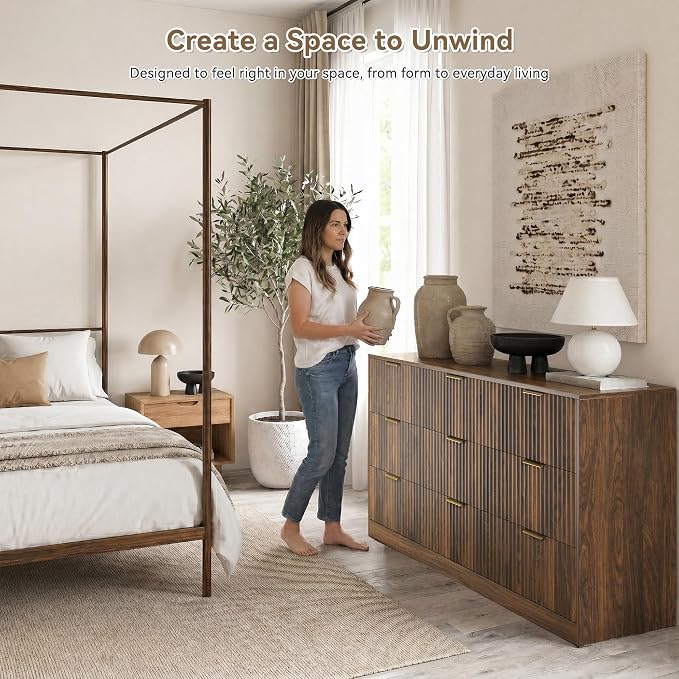 Walnut 9 Drawer Dresser for Bedroom, 63" Wide Modern Fluted Chest of Drawers, Wooden Dresser with Gold Metal Handles, Mid Century Large Dresser TV Stand for Living Room Hallway