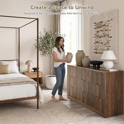Walnut 9 Drawer Dresser for Bedroom, 63" Wide Modern Fluted Chest of Drawers, Wooden Dresser with Gold Metal Handles, Mid Century Large Dresser TV Stand for Living Room Hallway