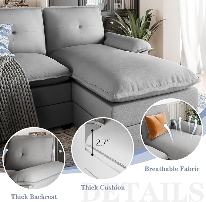 110" Sectional Couches for Living Room,U Shaped Big Sofa Couch with Double Chaise,Modern 4 Seat Modular Sofa Couches with Thick Cushion & Soft Backrest,New Grey