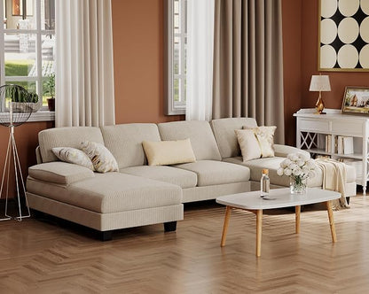 Furmax Sectional Couches for Living Room, U-Shaped Sofa Couch with Linen Fabric, 4 Seat Sofa Set with Double Chaise for Apartment (Corduroy, Beige)