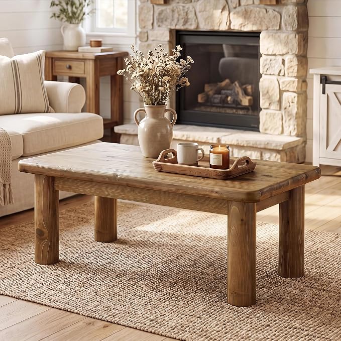 47-Inch Solid Wood Coffee Table, Rustic Rectangular Center Table for Living Room, Low Cocktail Tea Furniture with Thick Cylindrical Legs