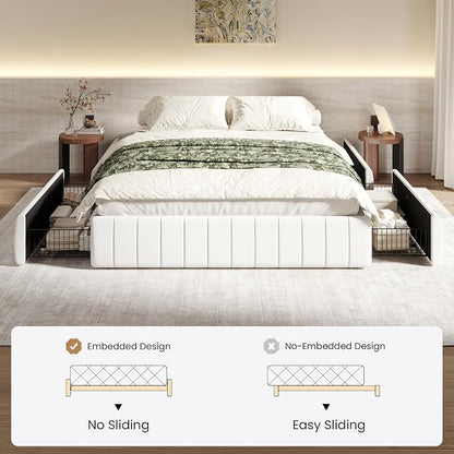SHA CERLIN King Size Velvet Upholstered Platform Bed Frame with 4 Storage Drawers, Vertical Channel Tufted, Low Profile, Fits Standard Headboards, Wooden Slats Support, Easy Assembly, White