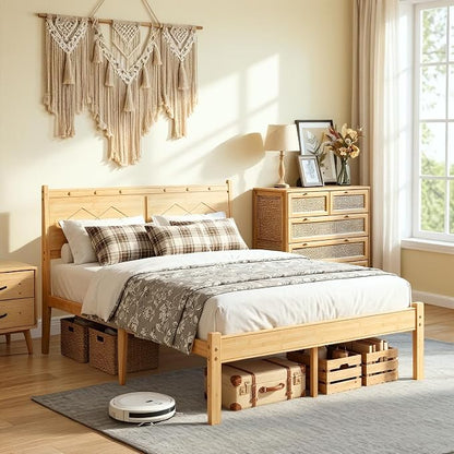 Askeld 12 inch Bamboo Queen Bed Frame with Headboard, Light Cottagecore Solid Wood Platform Bed No Box Spring Needed, Easy Assembly, Noise Free
