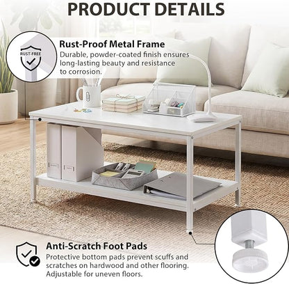 SUPER DEAL 2-Tier Industrial Coffee Table with Storage Shelf for Small Apartment Living Room, Rectangle Wood and Stable Metal TV Stand Side End Table, White Marble
