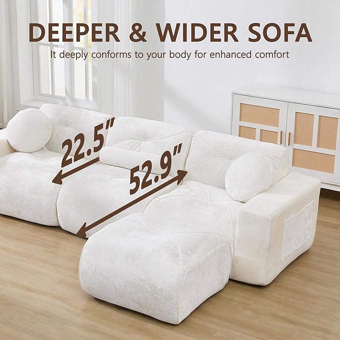 112" Modular Sectional Cloud Couch, L Shaped Sofa Boneless Couches with Movable Ottoman, 3 Deep Seat Modern Comfy Velvet Sofa for Living Room, Bedroom, Apartment (Beige)