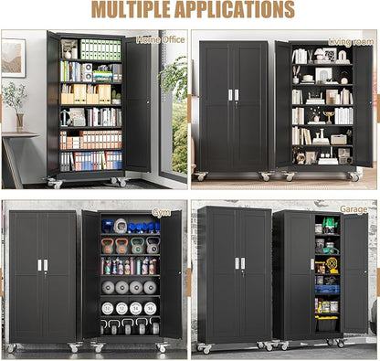 74" H Metal Pantry Storage Cabinet with Wheels,Rolling Kitchen Pantry Cabinet with 2 Doors and 5 Adjustable Shelves, Locker Steel Cabinet,Organization Cabinet for Garage,Home,Gym,School,Black