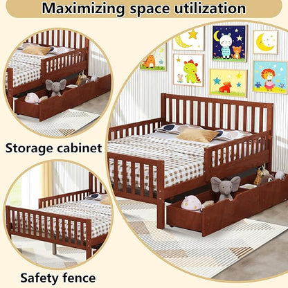 Bellemave Kids Full Bed Frame with Fences and 2 Drawers, Full Size Wooden Platform Bed with Guardrails on Both Sides for Boys Girls, Walnut