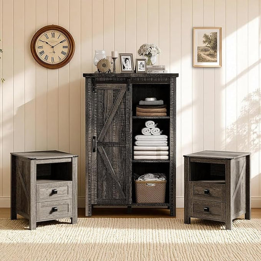AMERLIFE 3-Piece Farmhouse Bedroom Furniture Set with Storage Cabinet and 2 Nightstands, Sliding Barn Door Wood Cabinet Set for Bedroom, Entryway, Black Oak