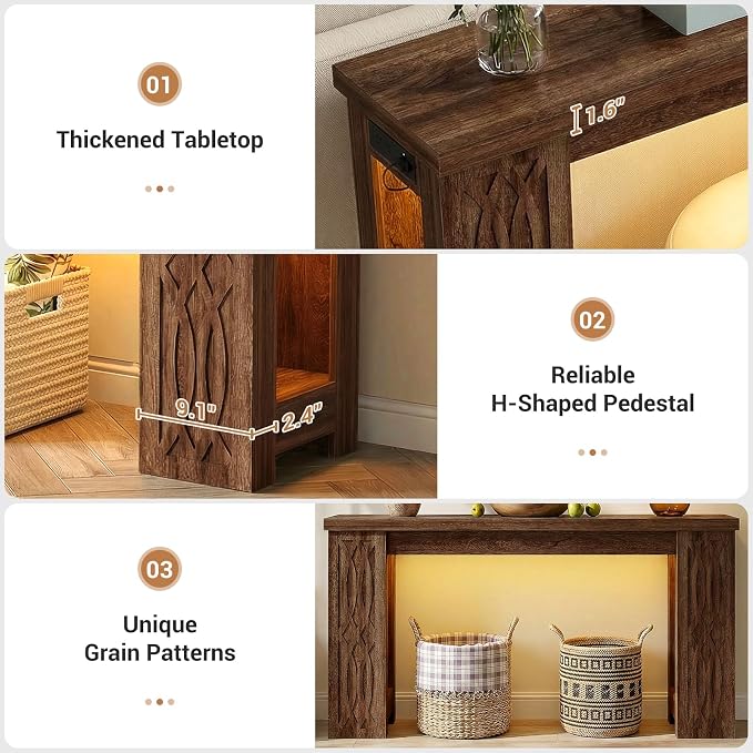Cyclysio 47" Console Table with Outlet, Farmhouse Entryway Table with Colorful LED Lights, Wooden Sofa Table with Unique Carved Design, Foyer Accent Table for Entrance, Hallway, Living Room