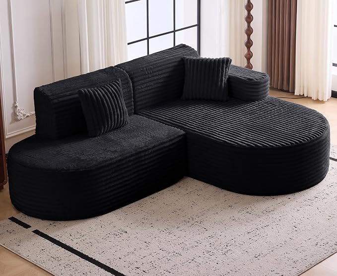 Modern Curved Boneless Sofa Couch, L-Shaped Corner Sofa, Corduroy Upholstered Cloud Sectional Couch for Living Room, Bedroom and Apartment,No Assembly Needed(Black, Right Hand Facing)