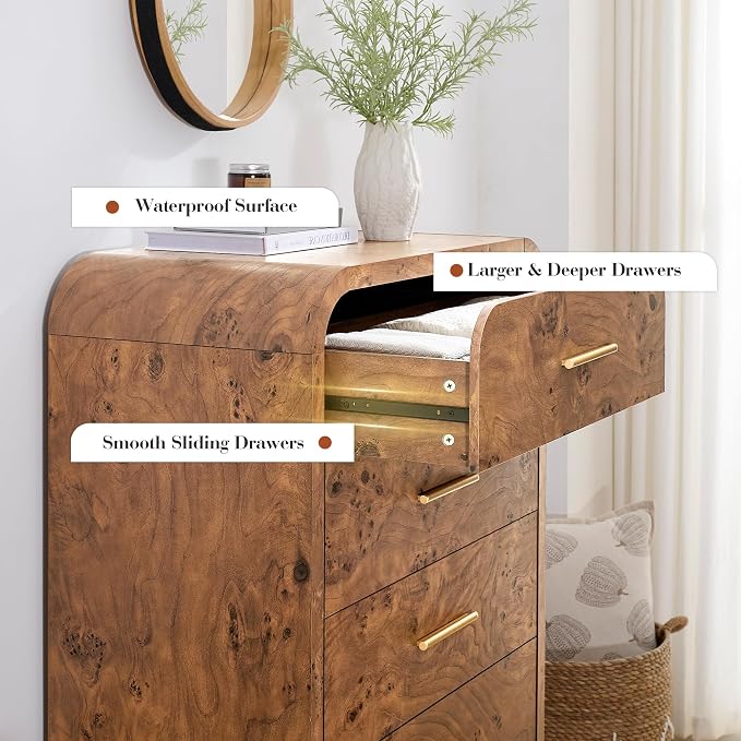 Curved 5-Drawer Dresser for Bedroom, 45.59" Tall Modern Chest of Drawers, Wooden Chest of Drawers for Living Room, Closet Storage Organizer Furniture, Nursery, Hallway, Dark Burl