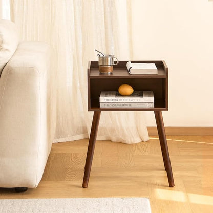 MaxSmeo Small Nightstand, Mid Century Modern Side Table Bedroom with Storage, Small End Bedside Table with Solid Wood Legs for Living Room, Office(Walnut Brown)