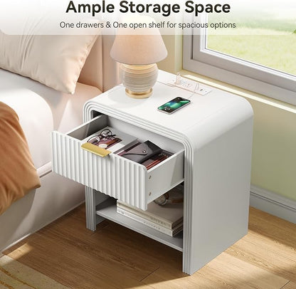 Decofy Fluted Nightstand with Charging Station, Modern Bedroom Side Table with Gold Handles, Curved Profile Design, End Table Wood Organizer for Bedroom, Open Shelf & 1 Drawers (1 Pack, Pure White)