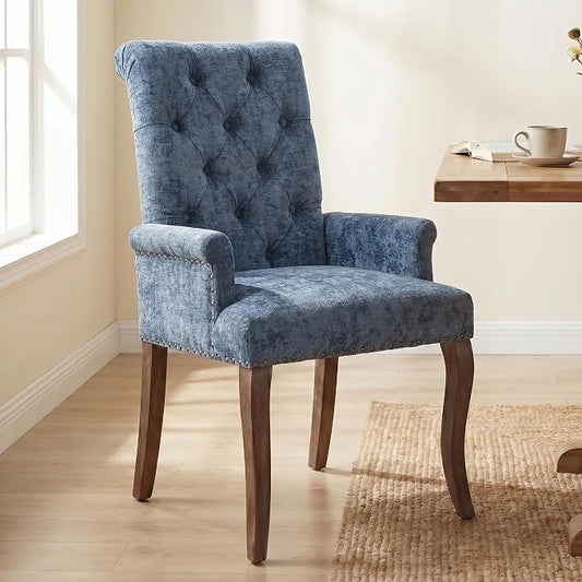 Upholstered Dining Chairs with Arms, Blue, 1 Pack | Tufted Chenille Kitchen Chairs with Arms, Modern Farmhouse Armchair with Nailhead Trim for Dining Room, Home Office