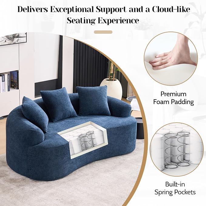 65" Curved Loveseat for Small Spaces,Boneless Loveseat Sofa,Wood Grain Chenille Fabric, No Installation Requirement, Curved Sofa Couch for Apartment,Living Room,Office (Blue, 65")