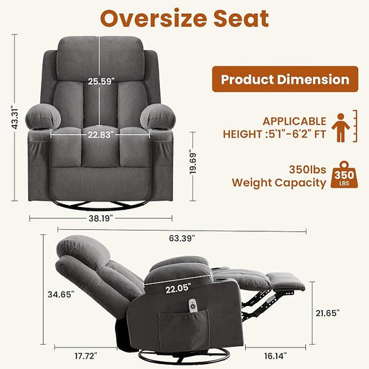 MAHOMICO Swivel Rocker Recliner Chair with Vibration Massage and Heat for Living Room,with Rocking Function and Side Pocket, USB Charge Port,2 Cup Holders